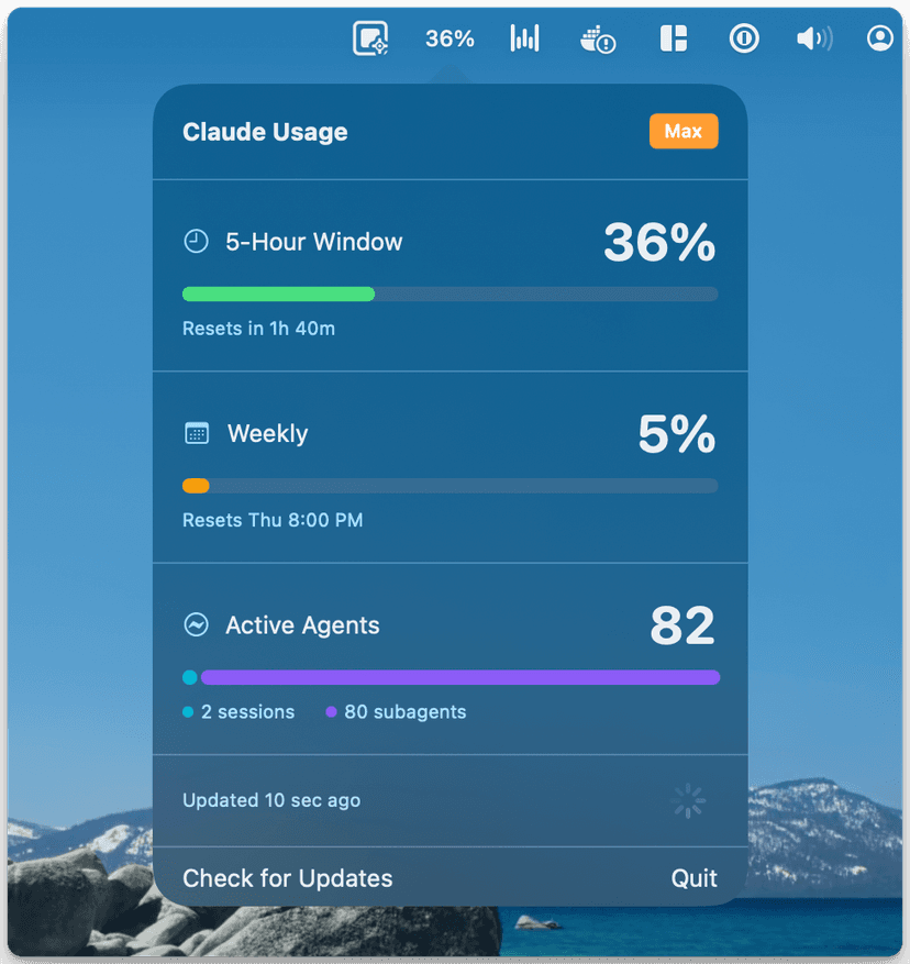 Claude Code Usage app showing usage statistics
